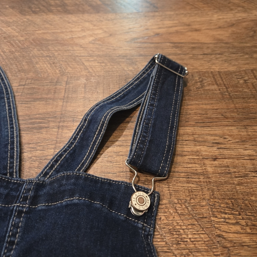 Denim Overalls Jeans Distressed Raw Hem Bootcut Dark Wash Cotton Stretch Farm S - Picture 10 of 13